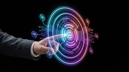 Obraz premium Businessman Hand Touching Futuristic Digital Target Interface with Neon Glow.