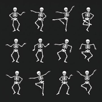 Set of Dancing Skeletons in Various Poses Halloween Character Collection on Black Background