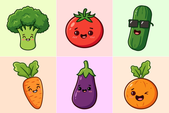 Set of Cute Kawaii Vegetables Cartoon Characters Vector Illustration
