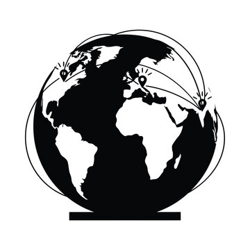 World Globe With Location Markers Black Silhouette On White Background