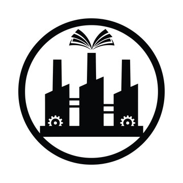 Factory Silhouette With Books Icon Black And White Circular Design
