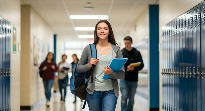 Happy high school student holding notebook and walking down locker hallway