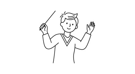Cartoon conductor leading an orchestra with baton. © Bacan