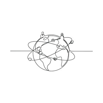 Globe with handshake and airplane continuous line drawing on white background