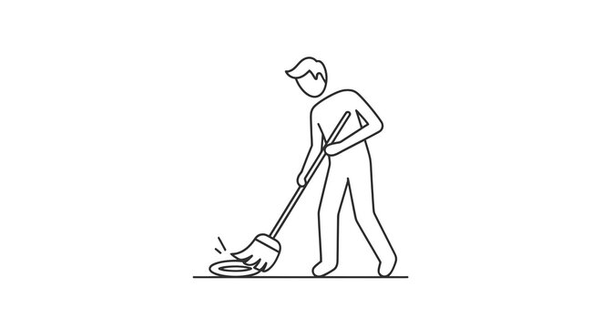 Man mowing lawn with push mower illustration.