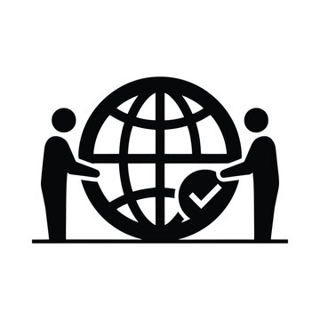 Global unity silhouette with figures supporting a world globe on white background