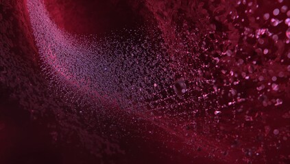 Fototapeta premium Arcing magenta particle ribbon sweeping across abstract macro, with bokeh orbs and maroon backdrop