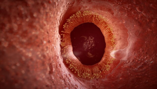 Showing central dark lumen surrounded by gold cilia inside mucosal tube, holding embryo cluster