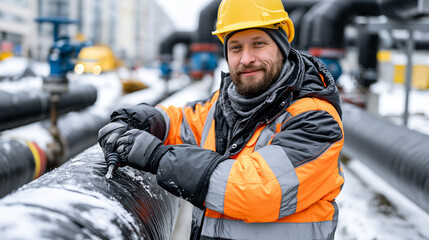 Fototapeta premium Industrial maintenance technician inspecting above ground insulated district heating pipelines in a snow covered city environment, winter safety gear, municipal energy distribution system, authentic