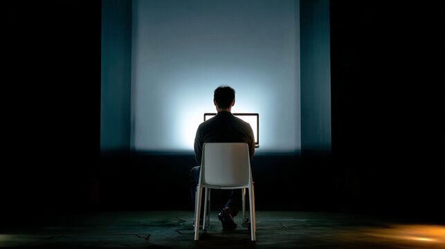 Silhouette of a man sitting on a chair looking at a bright computer screen in a dark room