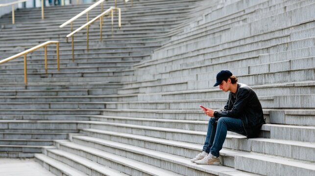 A young man sitting on stone stairs while looking down at his mobile phone in the city street
