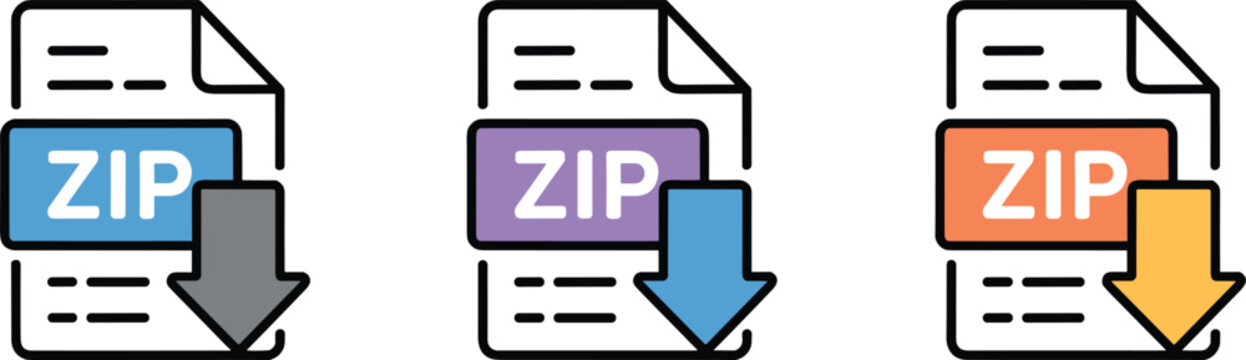 ZIP File Download Icons Set with Compressed Document Archive Vector Illustration