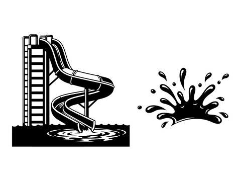 Water slide silhouette with splash a retro black and white illustration for summer fun