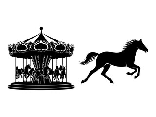 Vintage carousel and galloping horse silhouette a nostalgic fairground scene © NusratJahan