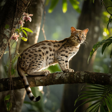 Margay cat perched on a tree branch in a lush forest