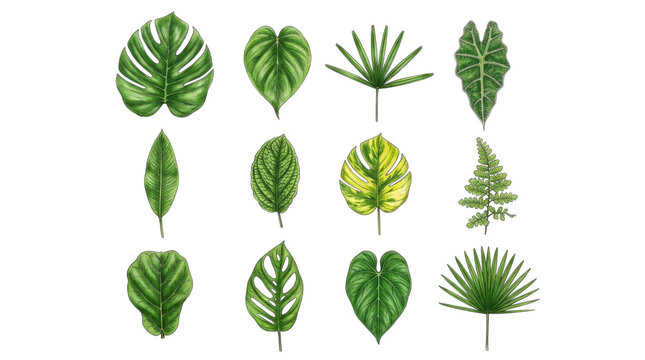 Tropical leaves collection isolated on transparent background botanical illustration for designers