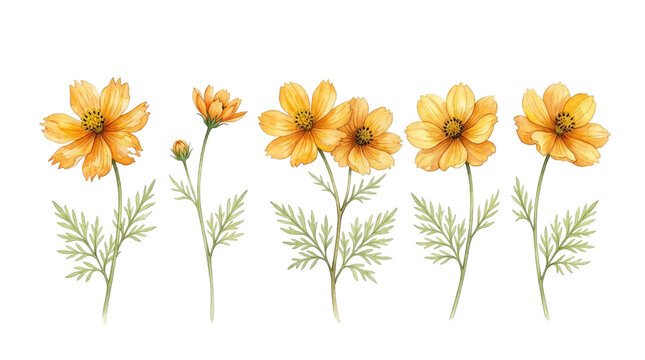 Watercolor cosmos flowers collection isolated on transparent background for design projects