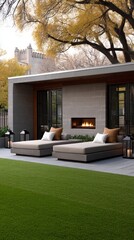 Obraz premium Contemporary outdoor living space featuring a fireplace, daybeds, and green lawn surrounded by trees