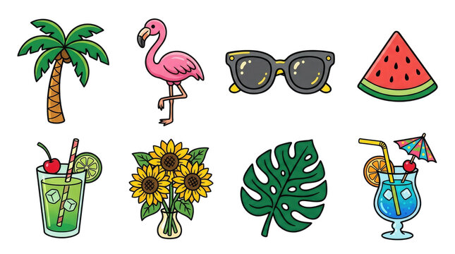 Tropical summer elements collection palm flamingo watermelon and cocktail icons isolated on transparent background