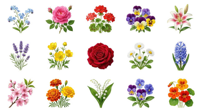 Floral collection diverse bouquet arrangements isolated on transparent background for design