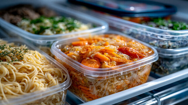 Organized refrigerator shelf filled with prepared meals in clear plastic containers, pasta, vegetable soup with carrots and tomatoes, fresh meal prep for the week, healthy homemade food storage, cle