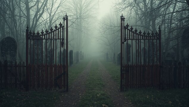 Framing ornate wrought-iron gates standing ajar at graveyard entrance, with path and headstones