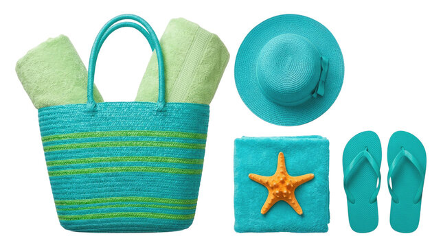 Summer beach essentials collection tote towel hat starfish and flip flops isolated on transparent background