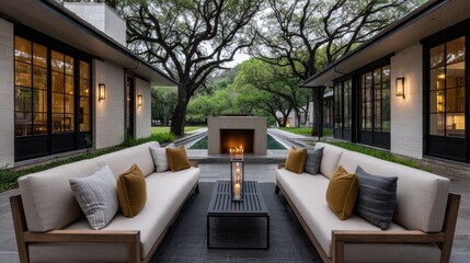 Obraz premium Modern patio area features a central fireplace and outdoor sofas under a light roof with large windows overlooking trees and greenery