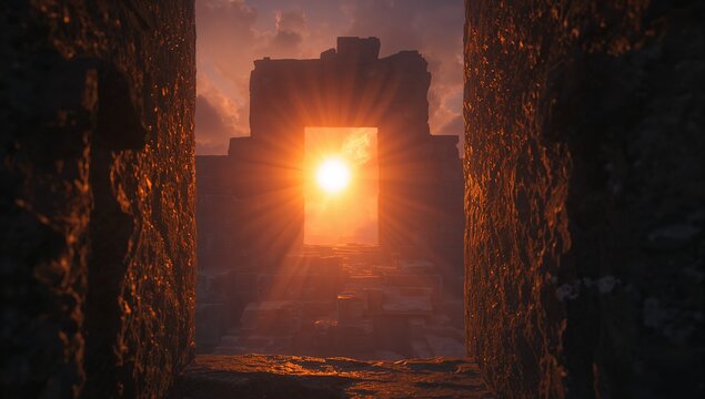 Framing weathered doorway at ancient ruin, low sun casting rays across stepped platform walls