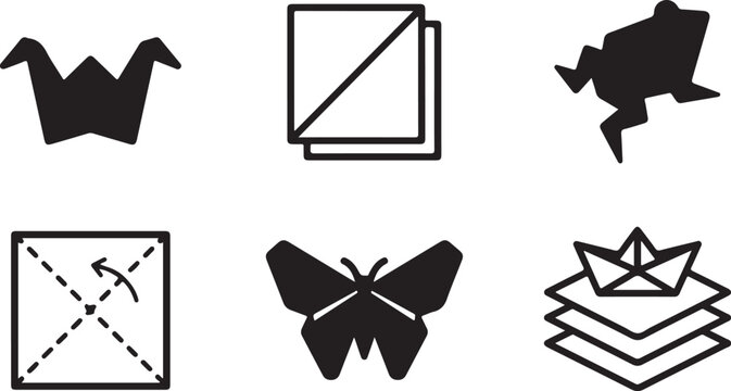 Origami paper airplane and geometric icons set in black and white Vector