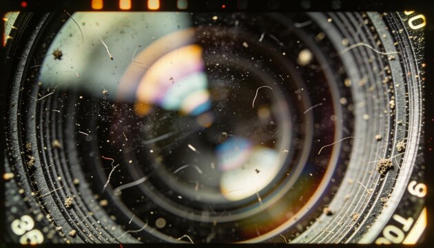 Showing camera lens front element on workbench, with dust, hair, scratches, engraved 36 70 markings