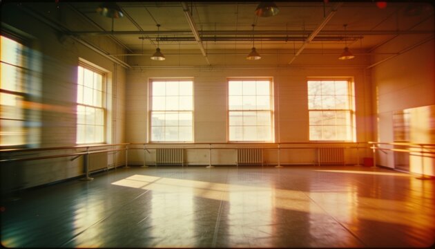 Bathing empty dance studio with tall windows, highlighting hardwood floor and ballet barres