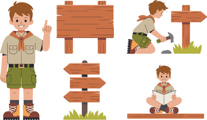Boy Scout Character Vector Set featuring Young Explorer with Wooden Signs Reading a Map and Building a Directional Arrow for Camping Illustrations