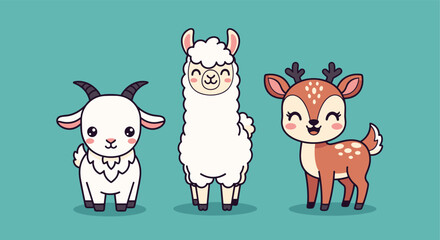 Fototapeta premium Cute Cartoon Animals Set Featuring Goat Llama and Deer Characters.