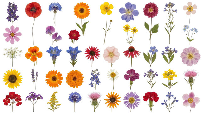 Diverse collection of wildflowers and garden blooms isolated on transparent background