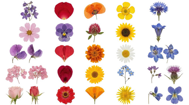 Variety of colorful pressed flowers collection isolated on transparent background