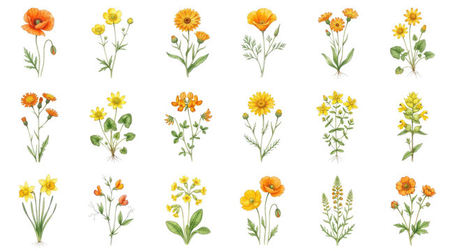 Variety of colorful wildflower bouquets isolated on transparent background for design projects