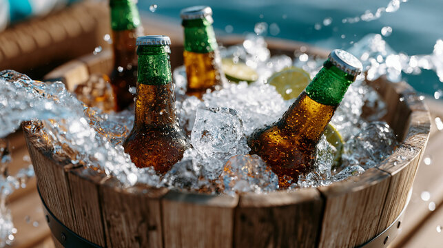 Refreshing summer beverage scene featuring four frosted beer bottles in a rustic wooden bucket packed with ice cubes, crystal clear water splashing around the bottles, brilliant natural sunlight, pr