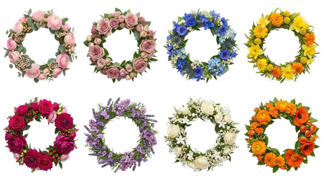 Eight colorful floral wreaths collection isolated on transparent background for versatile design