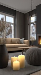 Obraz premium Warm indoor scene at dusk with candles, a cozy sofa, and a fireplace creating a welcoming ambiance in a modern living space