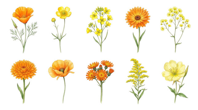 Variety of orange and yellow wildflowers isolated on transparent background botanical illustration