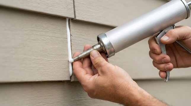 Professional worker applying white sealant to exterior house siding using a metal caulking gun