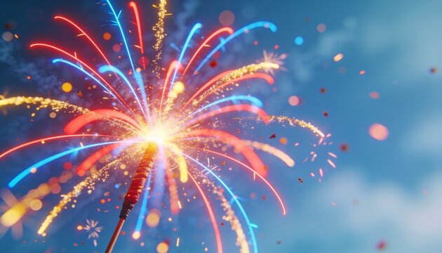 Bursting handheld fountain firework sending red blue gold trails across soft blue sky, with sparks