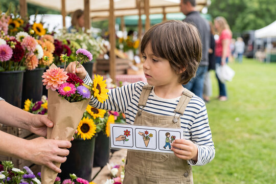 Young Child Choosing Fresh Flowers Following Outdoor Market Visual Shopping Routine