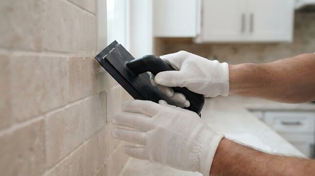 Professional tiling work applying grout to kitchen wall tiles with a rubber grout float tool
