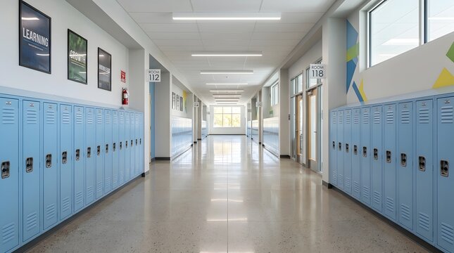 Modern empty school corridor with rows of blue lockers and bright ceiling lighting.