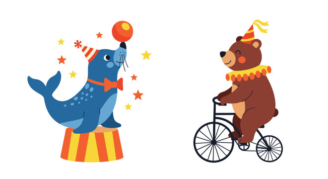 Whimsical Circus Animals Featuring a Clown and Bear.