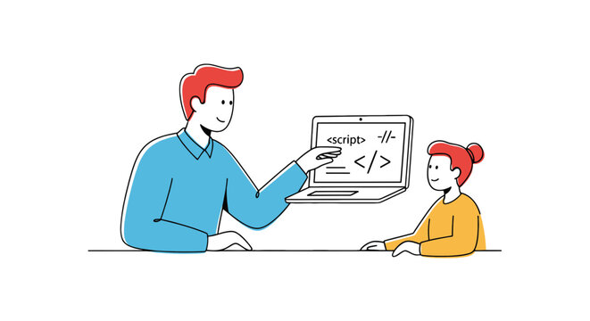 Programmer teaching coding to a young student on laptop.