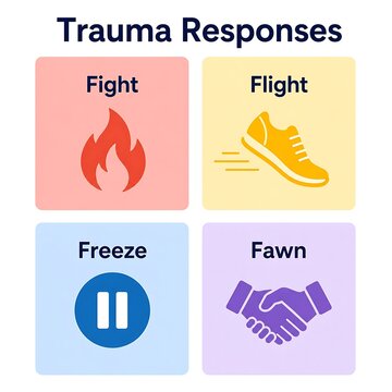 Trauma Responses 4 Fs Infographic, Fight Flight Freeze Fawn and Codependency Recovery Diagram on White
