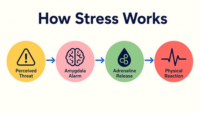 Biological Stress Response Pathway Infographic, Amygdala Alarm and Adrenaline Release Flowchart
